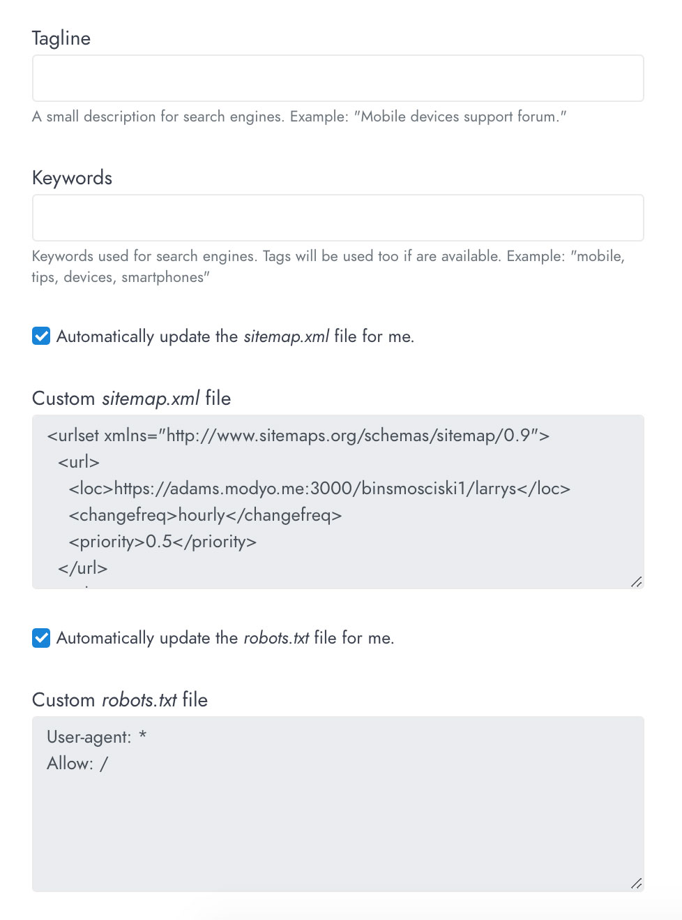 The options for configuring SEO within a site.