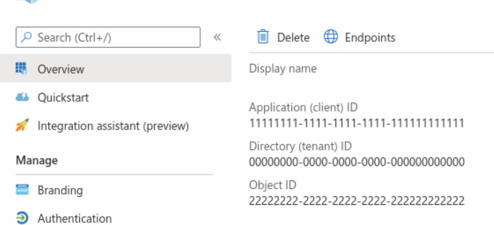 Azure's overview page with Application and Directory IDs.