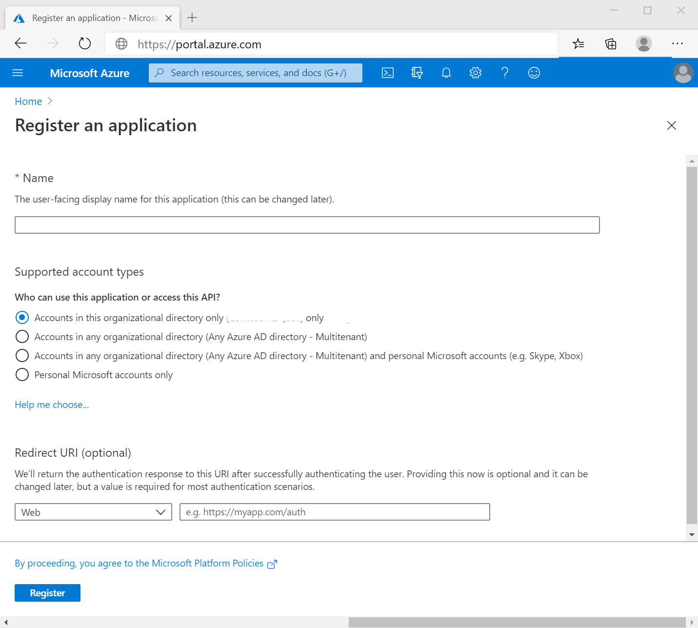 Microsoft Azure's Register an Application page.