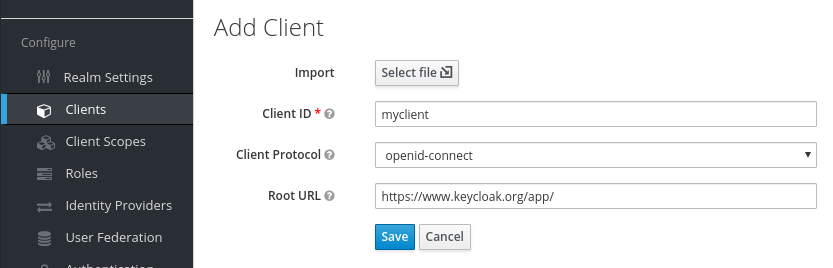 Keycloak add a client page.