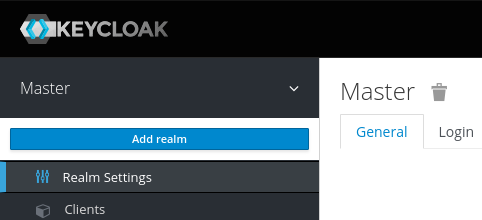 Keycloak add a new realm button.