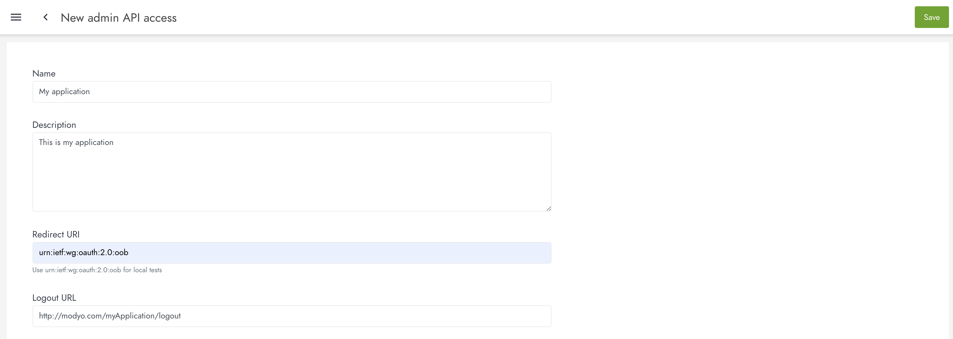 Image showing New Admin API Acess window in Modyo Platform.