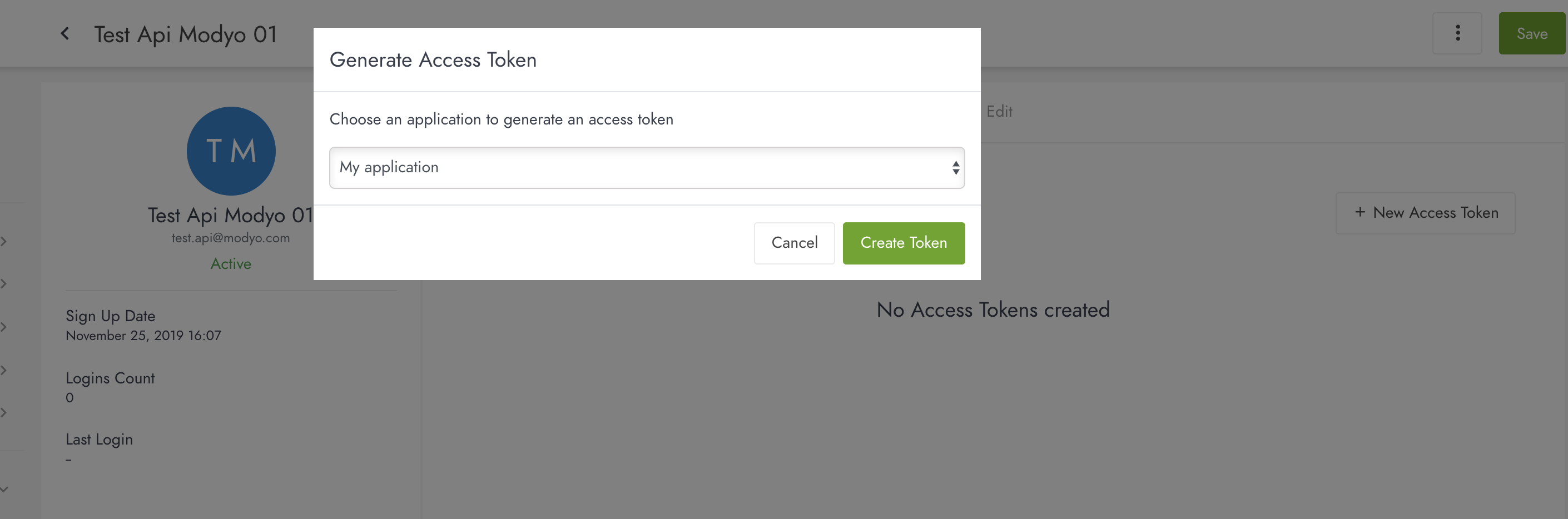 Image showing the Generate Access Token modal window.
