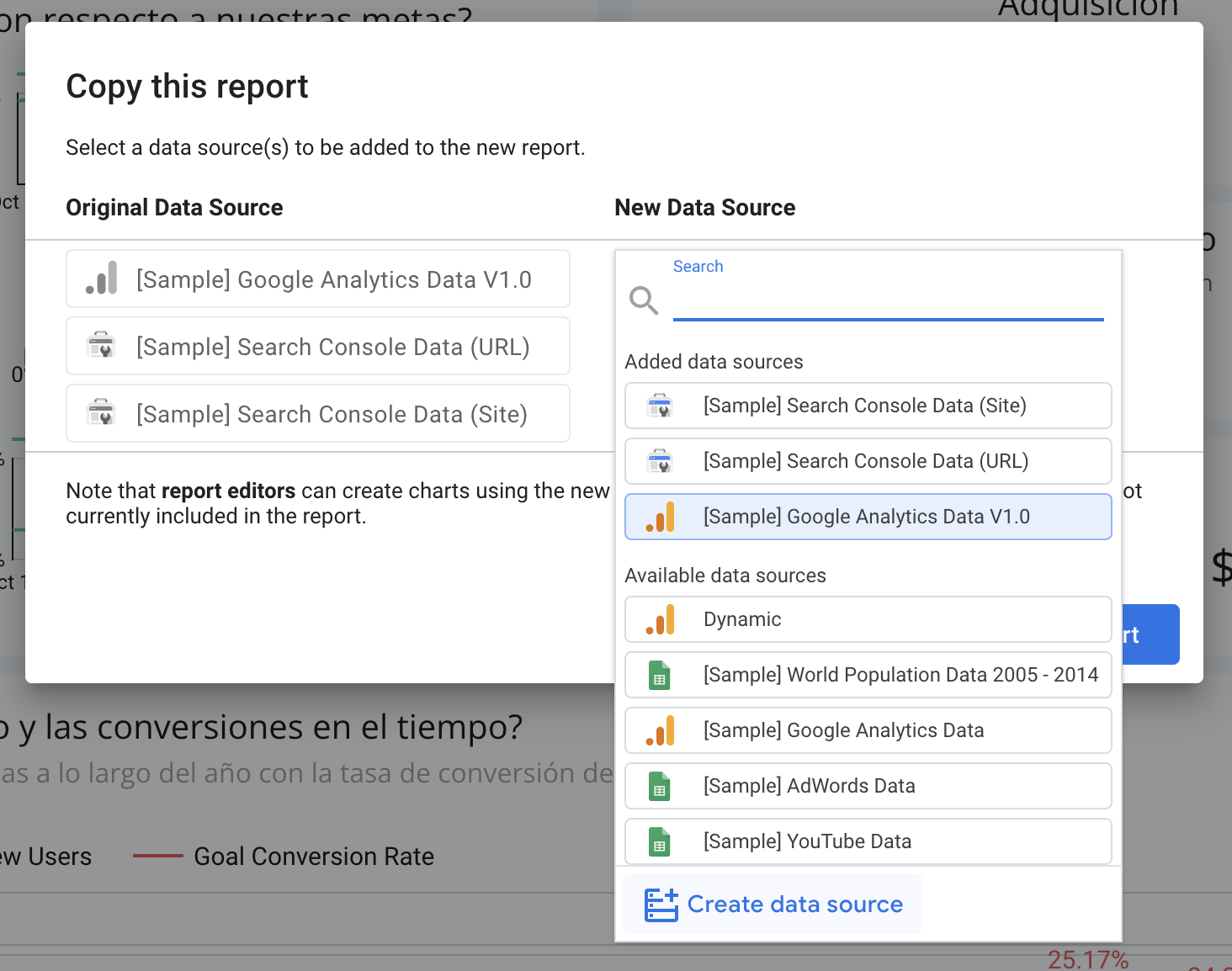 Image showing the New Data Source in the Copy this Report window.