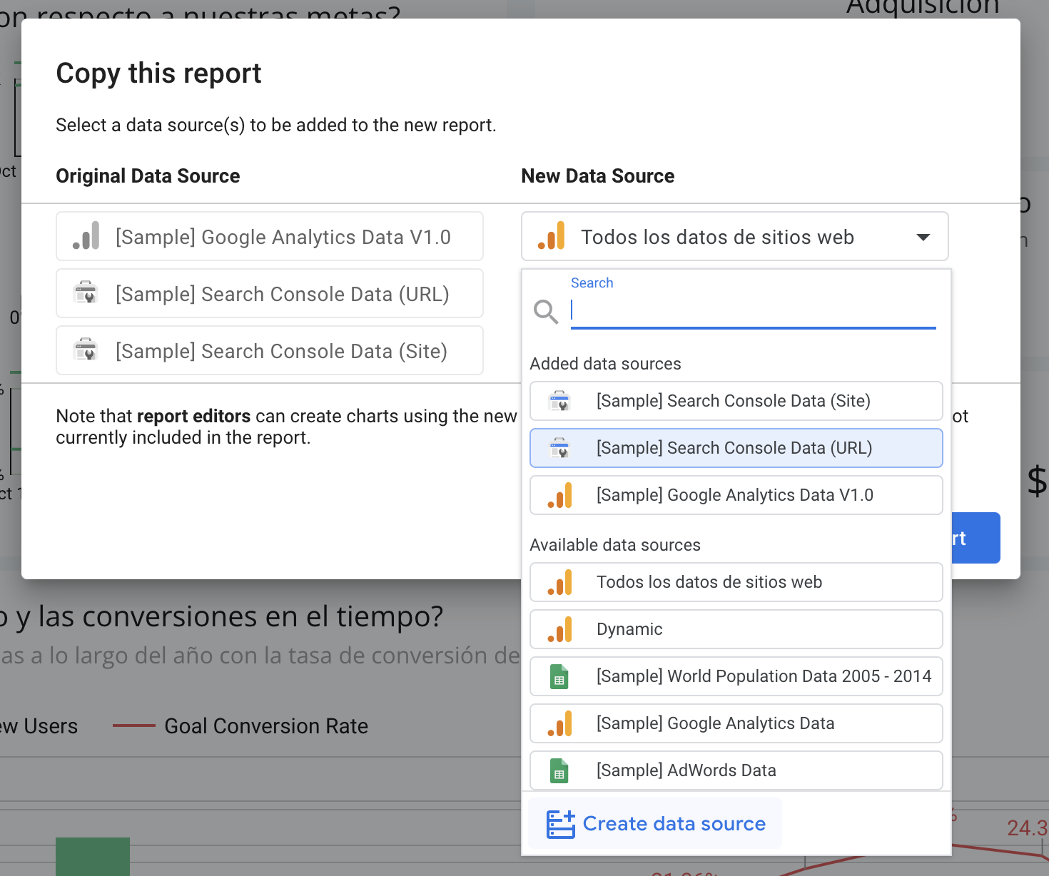 Image showing the Search Console Data (URL) highlighted in the Copy this report window.