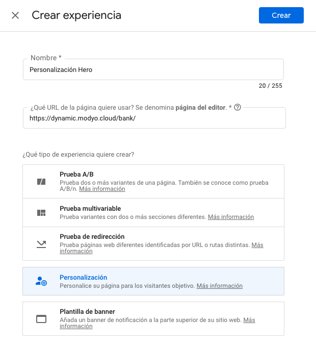 Image showing the dialog options when creating a new experience in Google Optimize