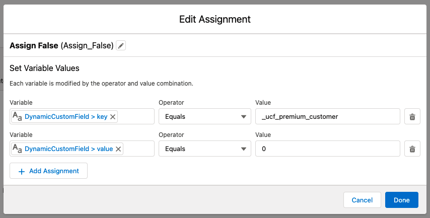 Image with the Assignment Assign False in the Edit Assignment window.