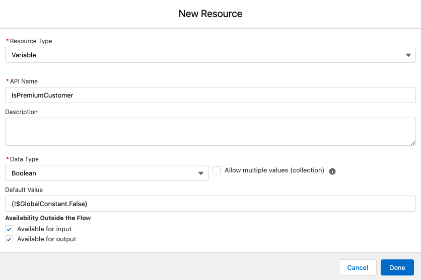 Image showing the new variable called IsPremiumCustomer in the New Resource window.