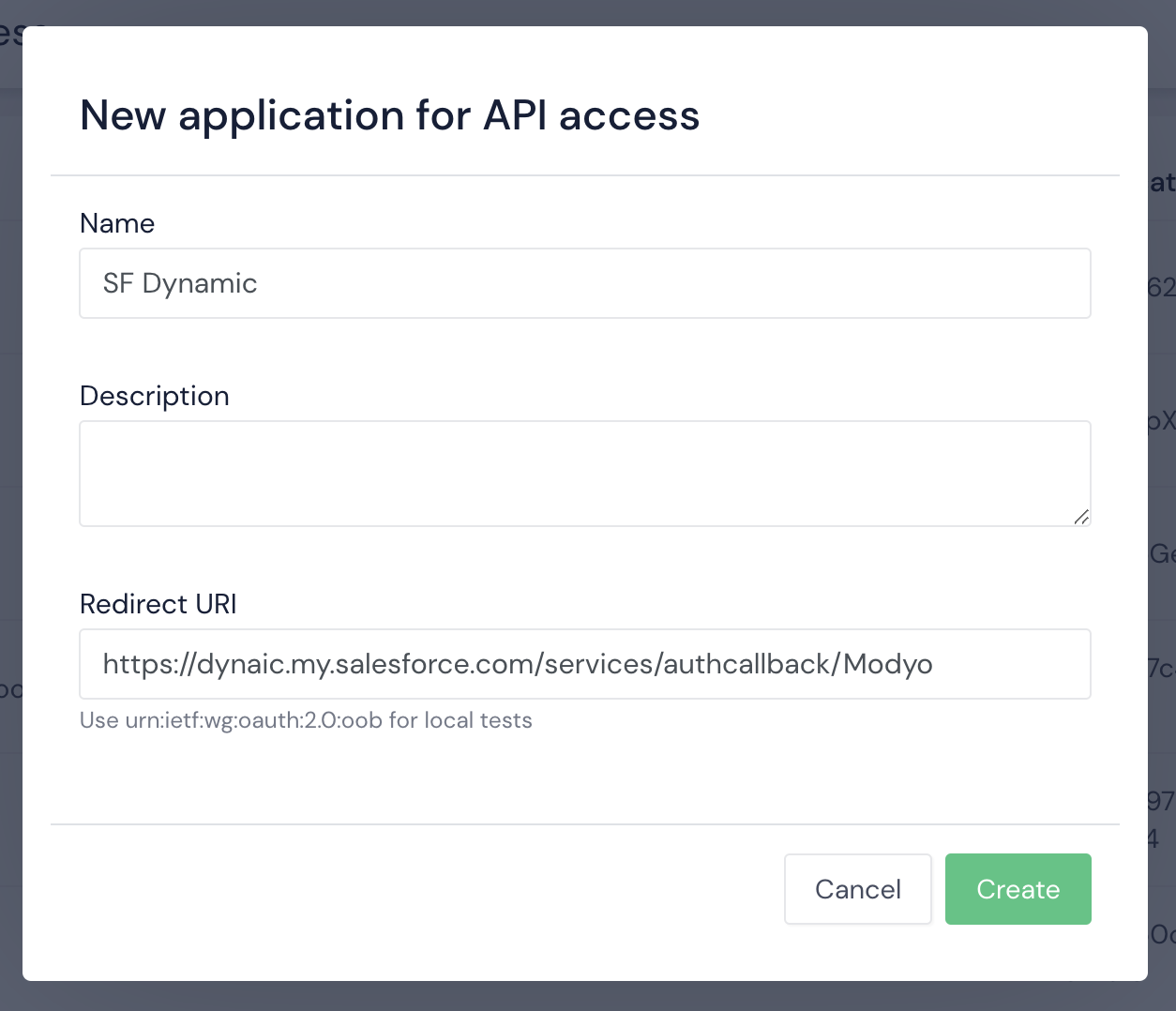 Image with New Application for API Access in Modyo Platform
