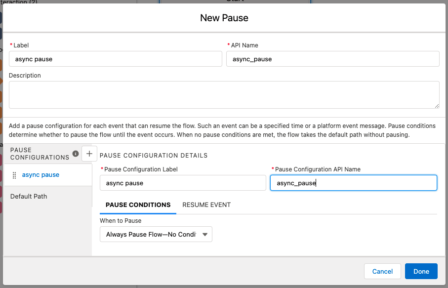 Image adding a new Async Pause in the New Pause window.