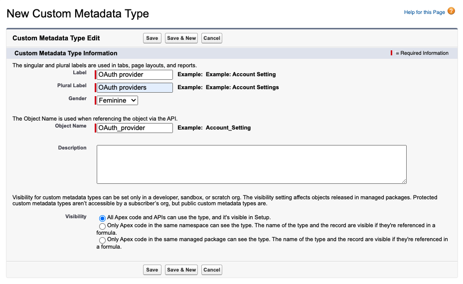 Image with the New Custom Metadata Type UI.
