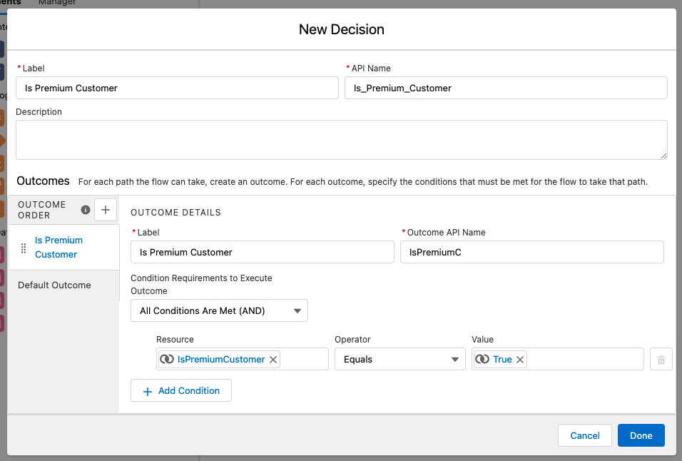 Image with the Is Premium Customer Decision in the New Decision window in Salesforce.
