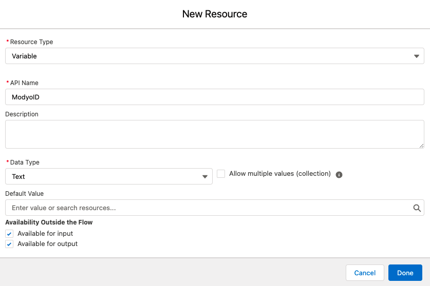 Image with a new varible called ModyoID in the New Resource window.