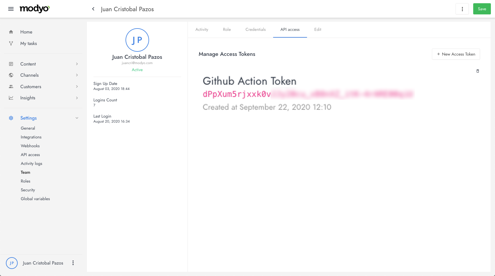 Image displaying your new API Access Token in Modyo Platform
